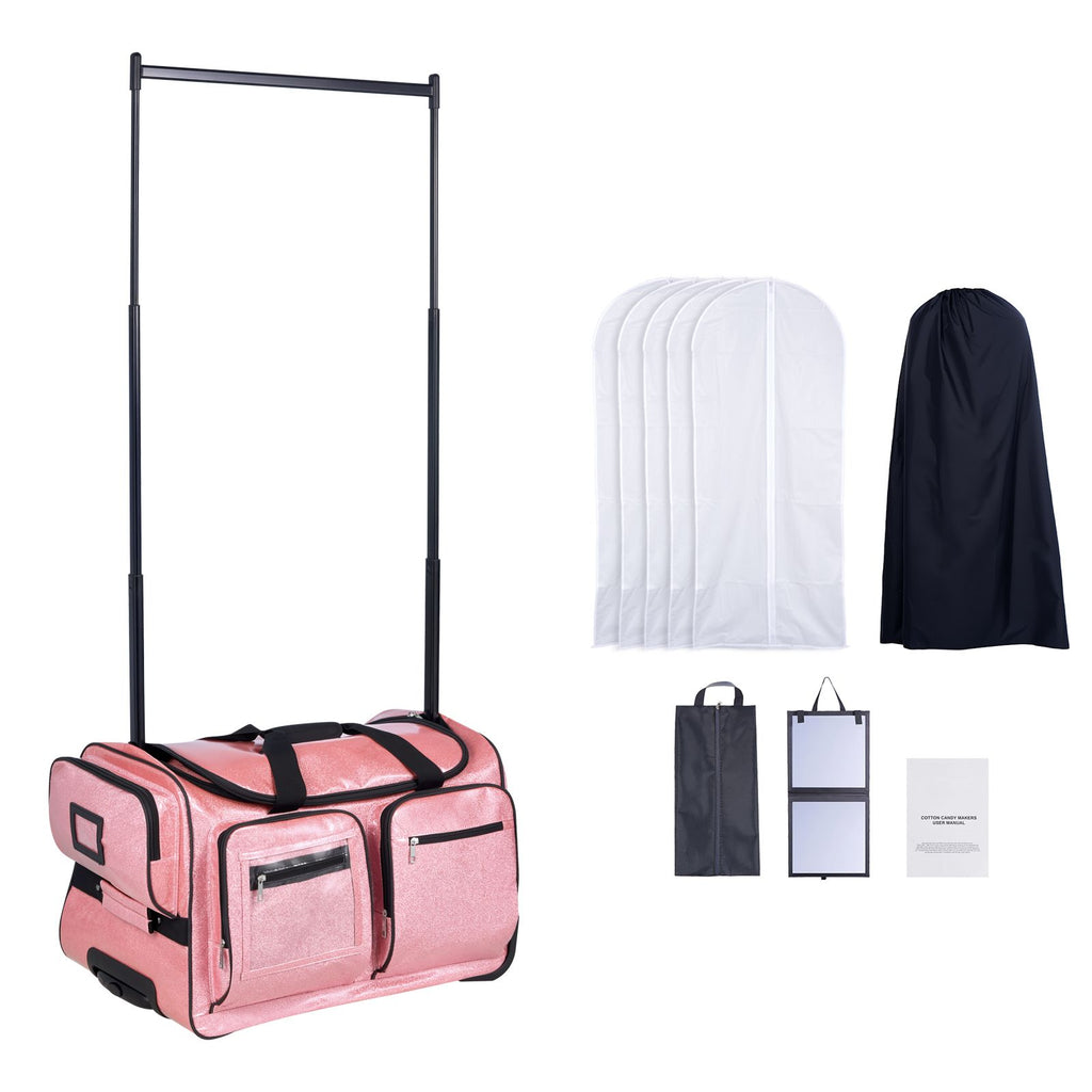 Dance Bag with Garment Rack, 23 Inch Rolling Dance Duffel, with Wheels, USB Port, Height Adjustable Clothes Rack, Privacy Protection Curtain, Ideal for Travel and Competitions, Sparkling Pink