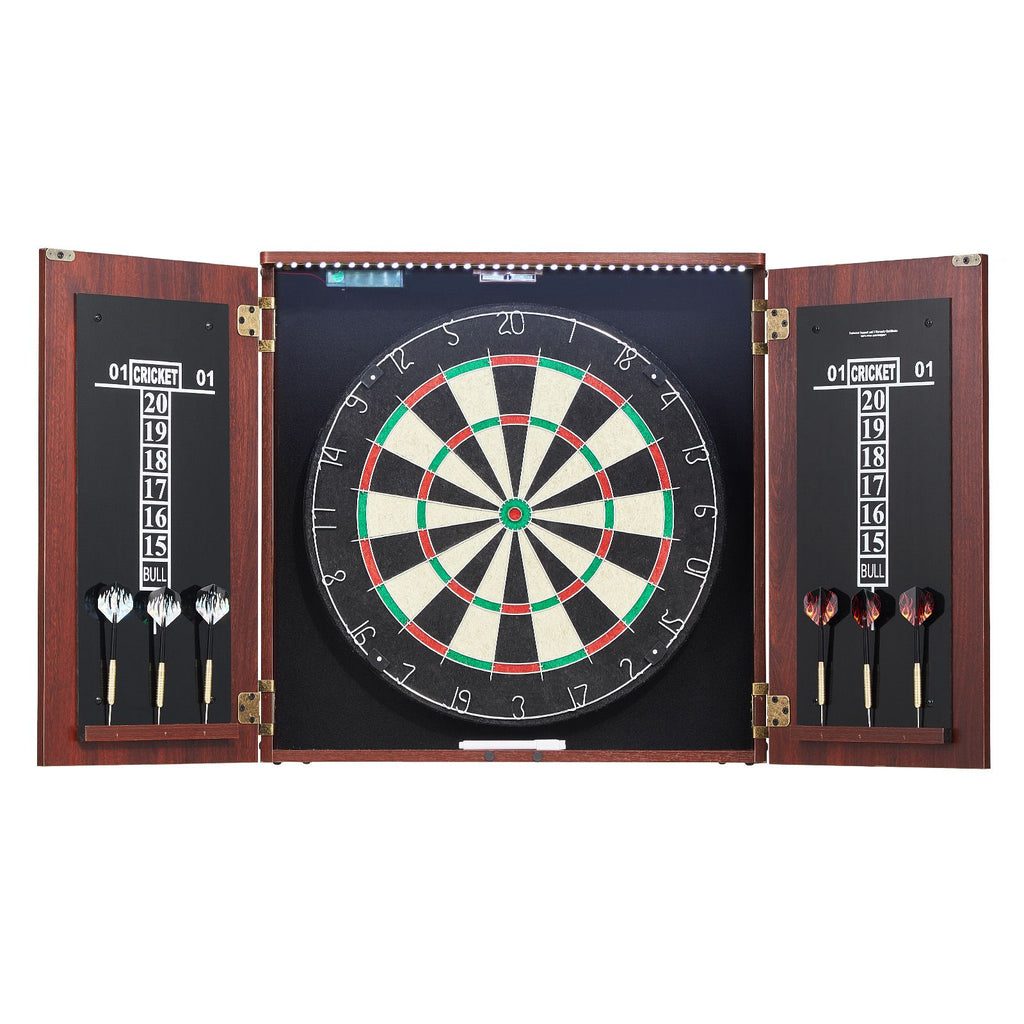 Dartboard and Cabinet Set, Ready-to-Play Bundle Official Size Dartboard Cabinet, Steel Tip Dart Hideaway Cabinet, Features LED Light, Easy Assembly, Complete with All Accessory, for Cricket Game