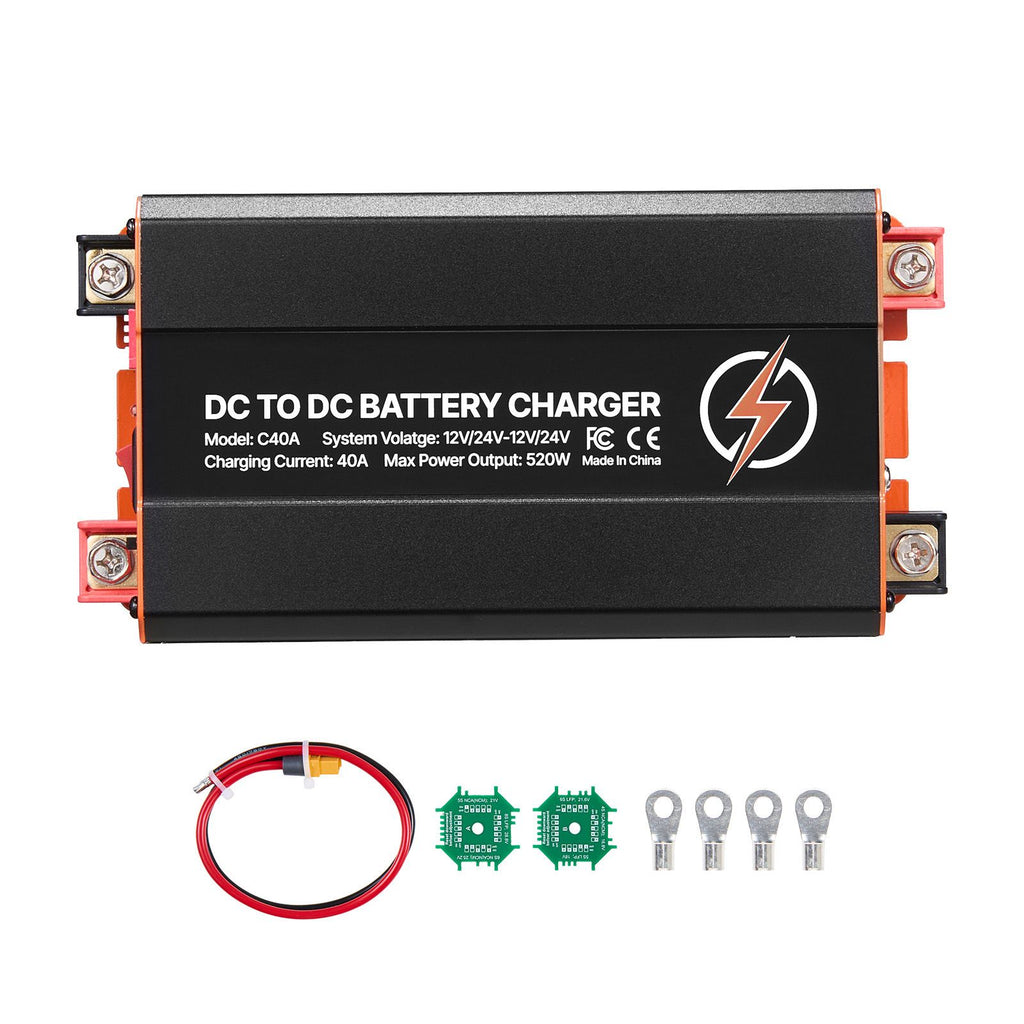 DC to DC Battery Charger, 520W, 40A Alternator Charger, Fast DC-DC Charging for Portable Power Stations, Compatible with LiFePO4 Lead-Acid AGM GEL Batteries, 12V/24V-12V/24V, for RV Home Backup
