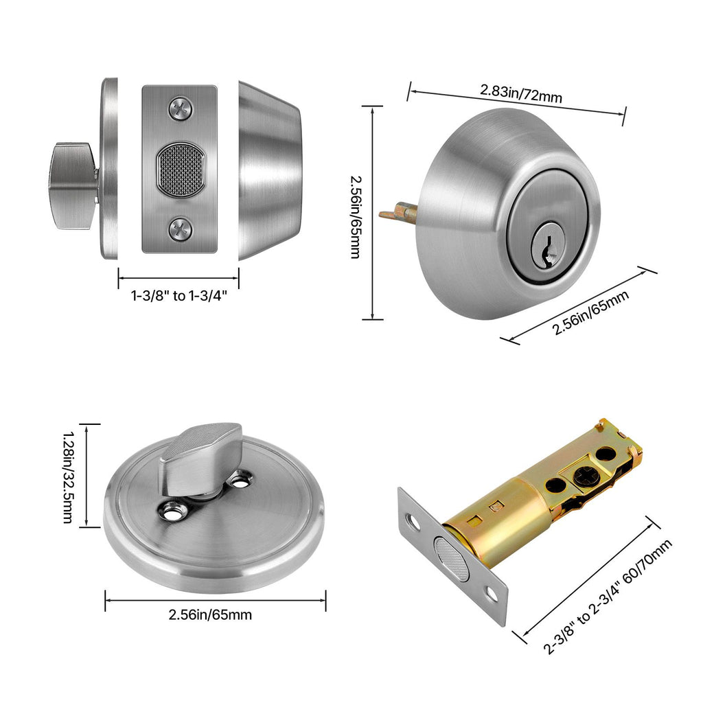 Deadbolt Lock, Round Single Cylinder Dead Bolt, Keyed 1 Side, Fits Standard Size Interior and Exterior Doors, Full Metal, with 3 Keys, for Front Entry Door Residential Security, Satin Nickel image 2