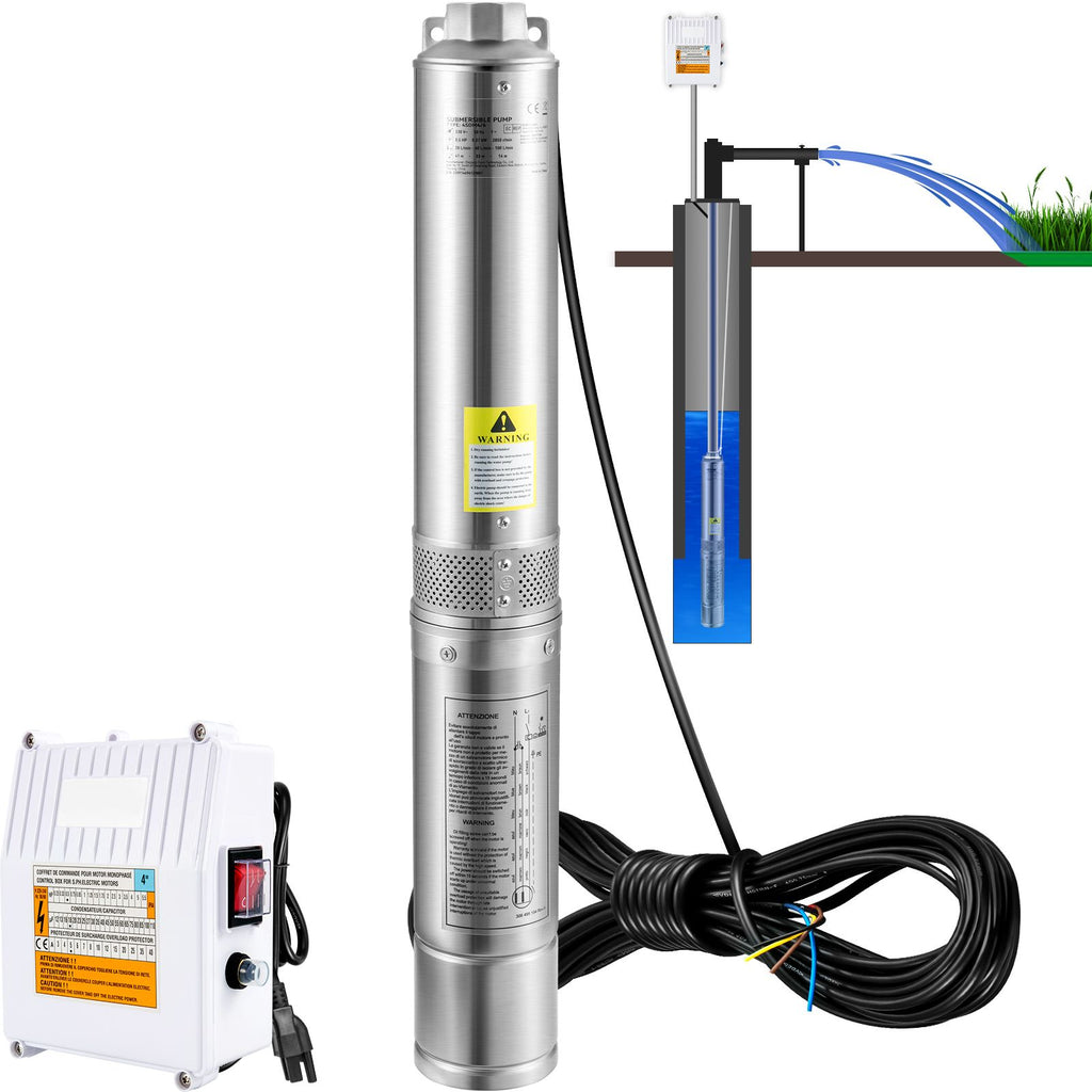 Deep Well Submersible Pump, 3HP 230V/60Hz, 37GPM 640 ft Head, with 33 ft Cord & External Control Box, 4 inch Stainless Steel Water Pumps for Industrial, Irrigation and Home Use, IP68 Waterproof