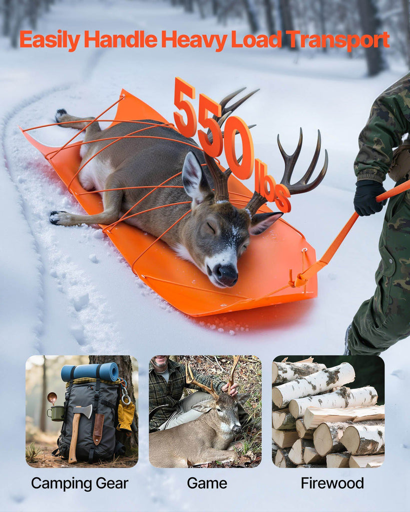 Deer Drag Sled, 72.8 x 22.8 in, 550lbs Heavy Duty Yard Utility Sled, Tear-Resistant PE Drag Glider Mat with Ropes & Handle, Thickened Game Hauler for Firewood Ice Fishing Hauling Hunting image 2