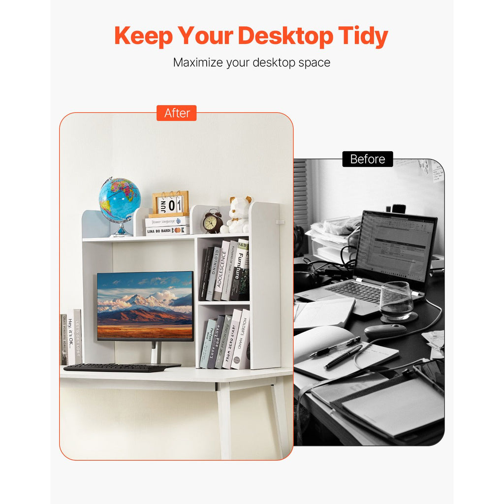 Desktop Bookshelf, 2-Tier Desktop Storage Organizer, 37.2" x 9.5" x 28.9" Office Storage Rack Wood Display Shelf, Desktop Bookshelf Hutch with Anti-Slip Feet Pads, for Office, Home & Dorm, White