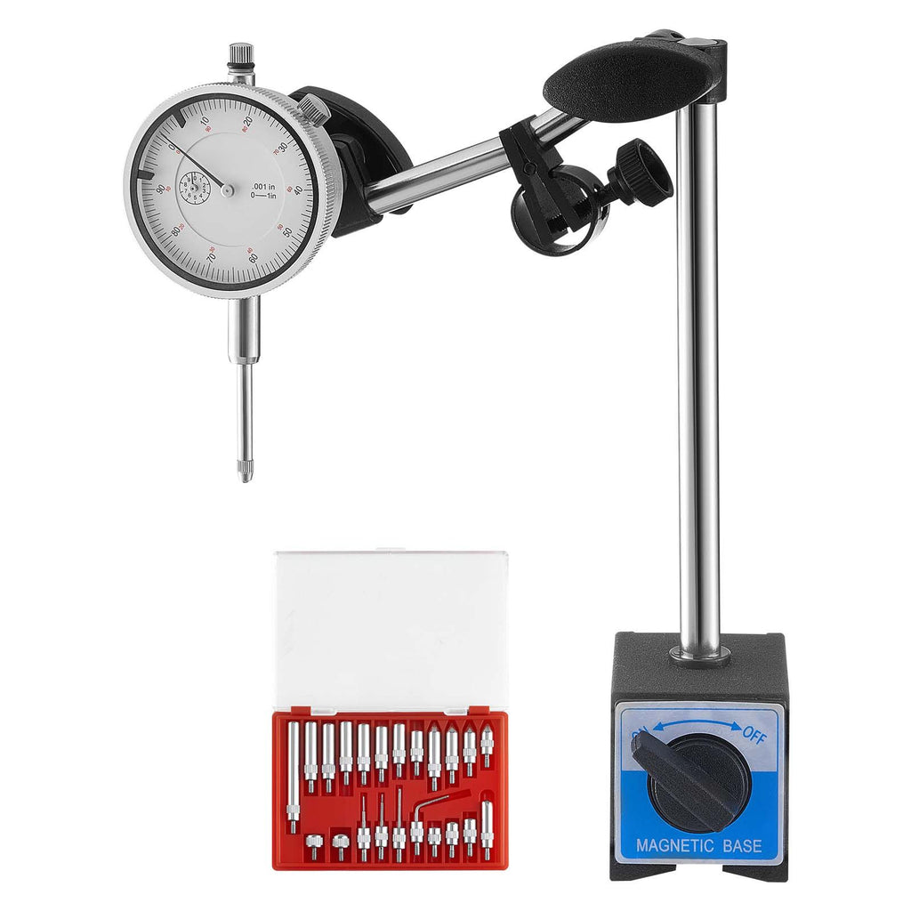 Dial Test Indicator with Dual Rod Stand and Storage Case, 0.001 inch Accuracy, 0-1 inch Range, Fine Adjustable Long Arm, Non-Magnetic Centering Rods for Machine Set-Up, Narrow Area Measurement