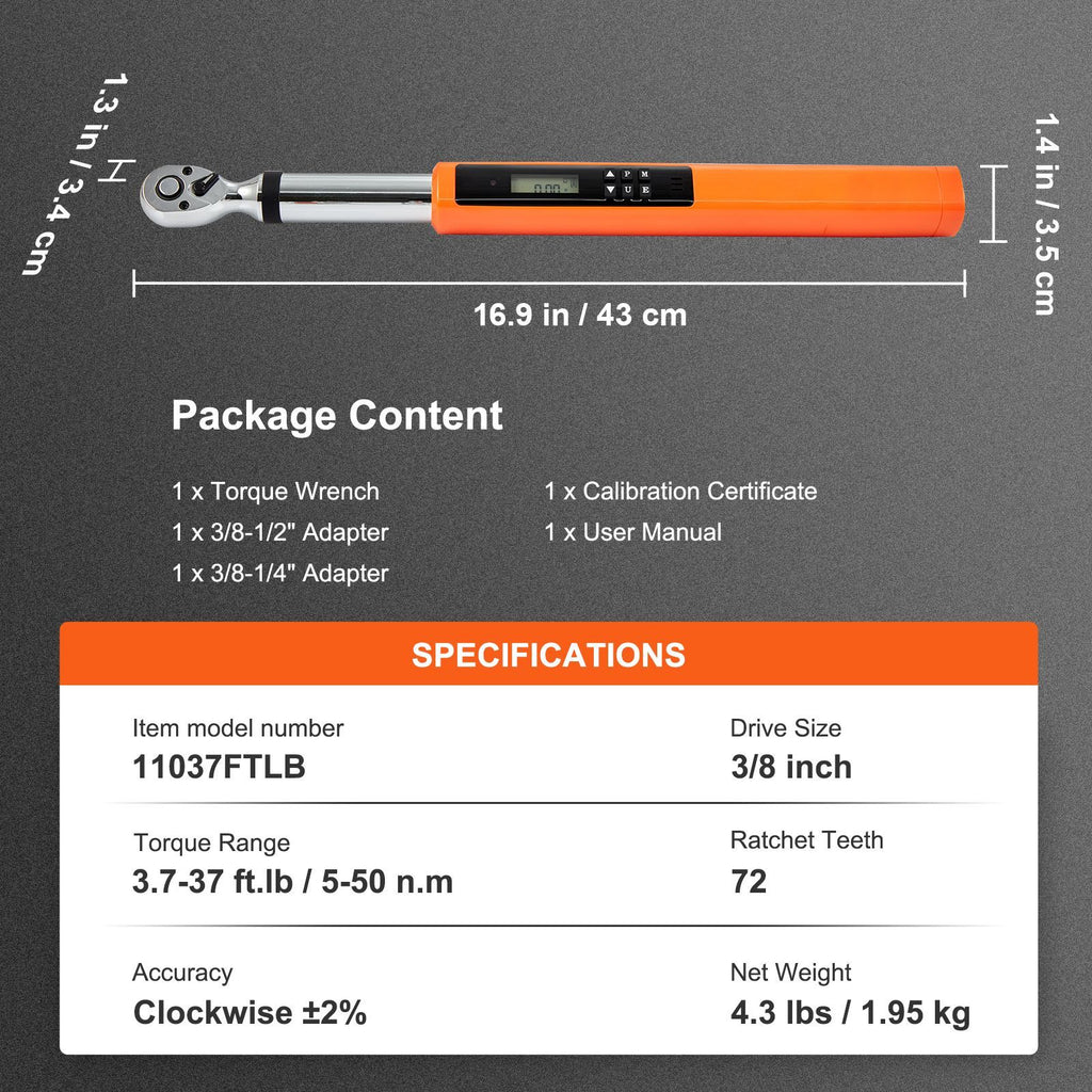 Digital Torque Wrench, 3.7-37ft.lb/5-50n.m 3/8" Drive Electronic Torque Wrench, Torque Wrench Kit Torque Range Accurate to ±2%, 3-Mode Adjustable Torque Wrench Set with LED Buzzer Calibration