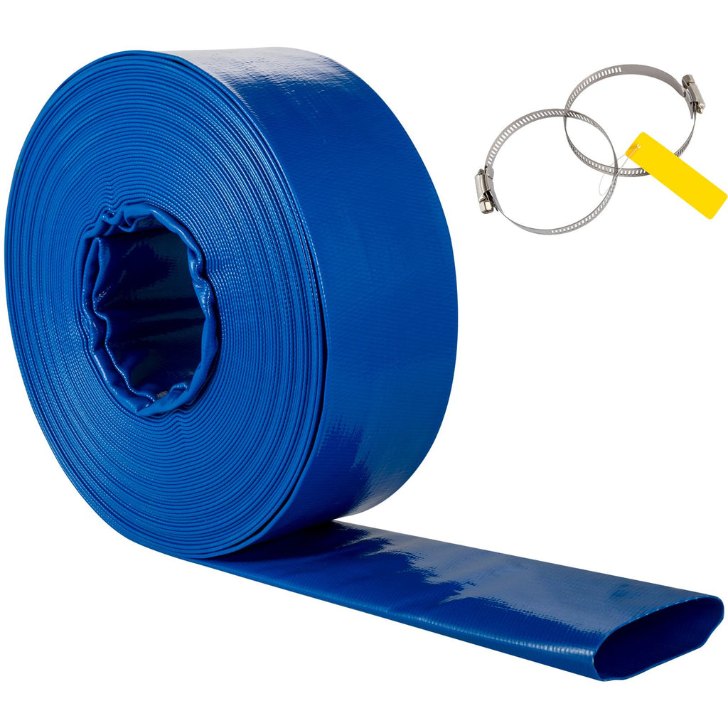 Discharge Hose, 2" x 105', PVC Fabric Lay Flat Hose, Heavy Duty Backwash Drain Hose with Clamps, Weather-proof & Burst-proof, Ideal for Swimming Pool & Water Transfer, Blue