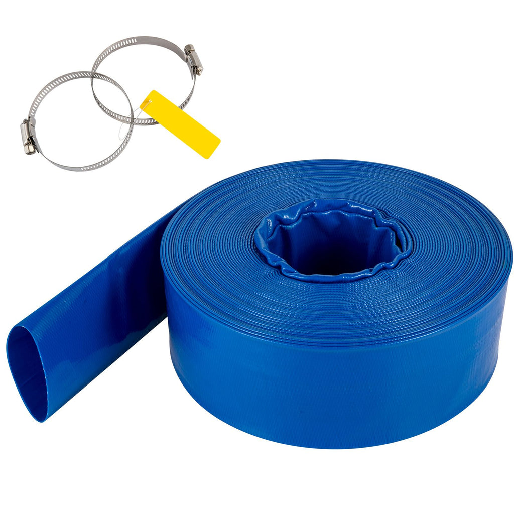 Discharge Hose, 3\" x 105\', PVC Lay Flat Hose, Heavy Duty Backwash Drain Hose with Clamps, Weather-proof & Burst-proof, Ideal for Swimming Pool & Water Transfer, Blue