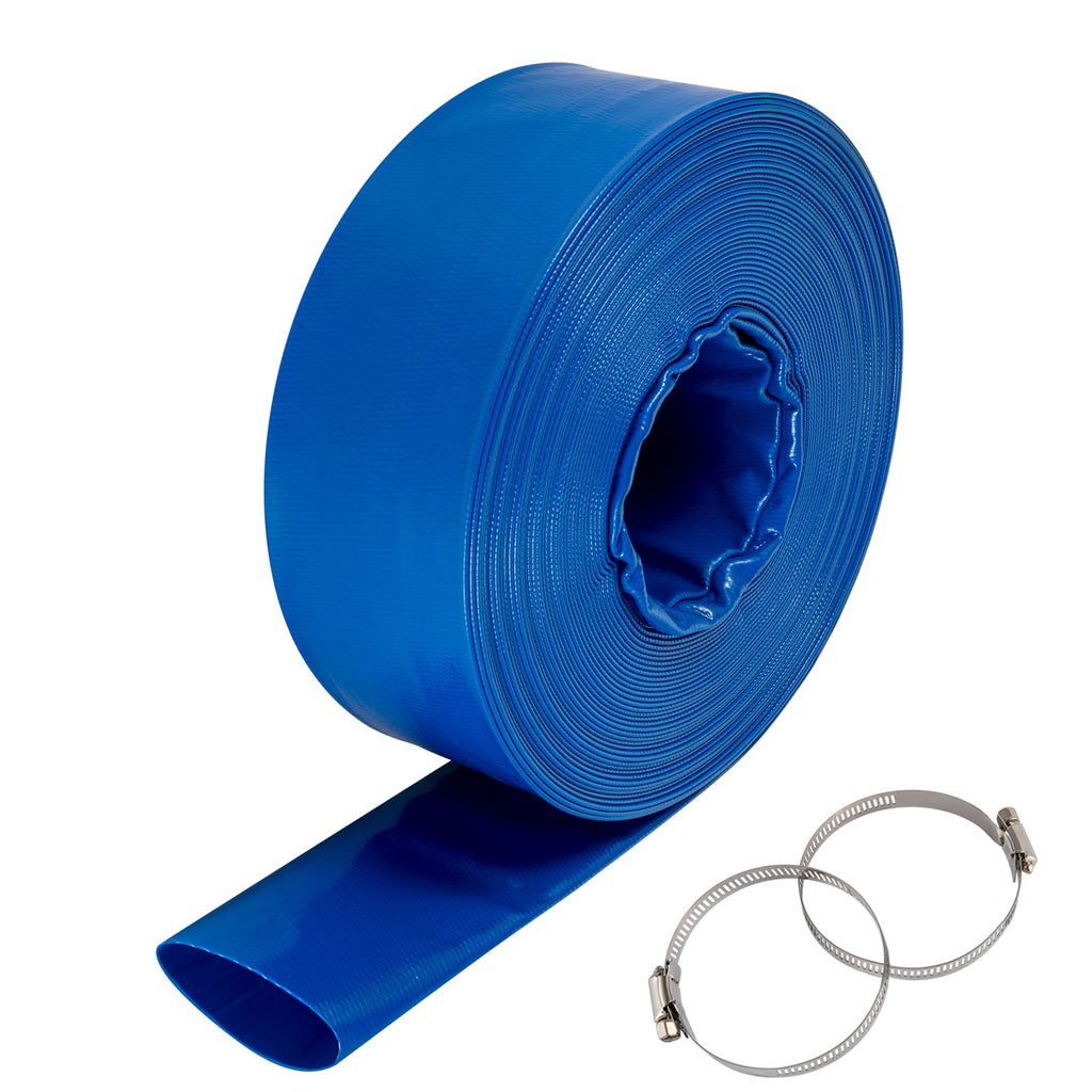 Discharge Hose, 4\" x 105\', PVC Lay Flat Hose, Heavy Duty Backwash Drain Hose with Clamps, Weather-proof & Burst-proof, Ideal for Swimming Pool & Water Transfer, Blue