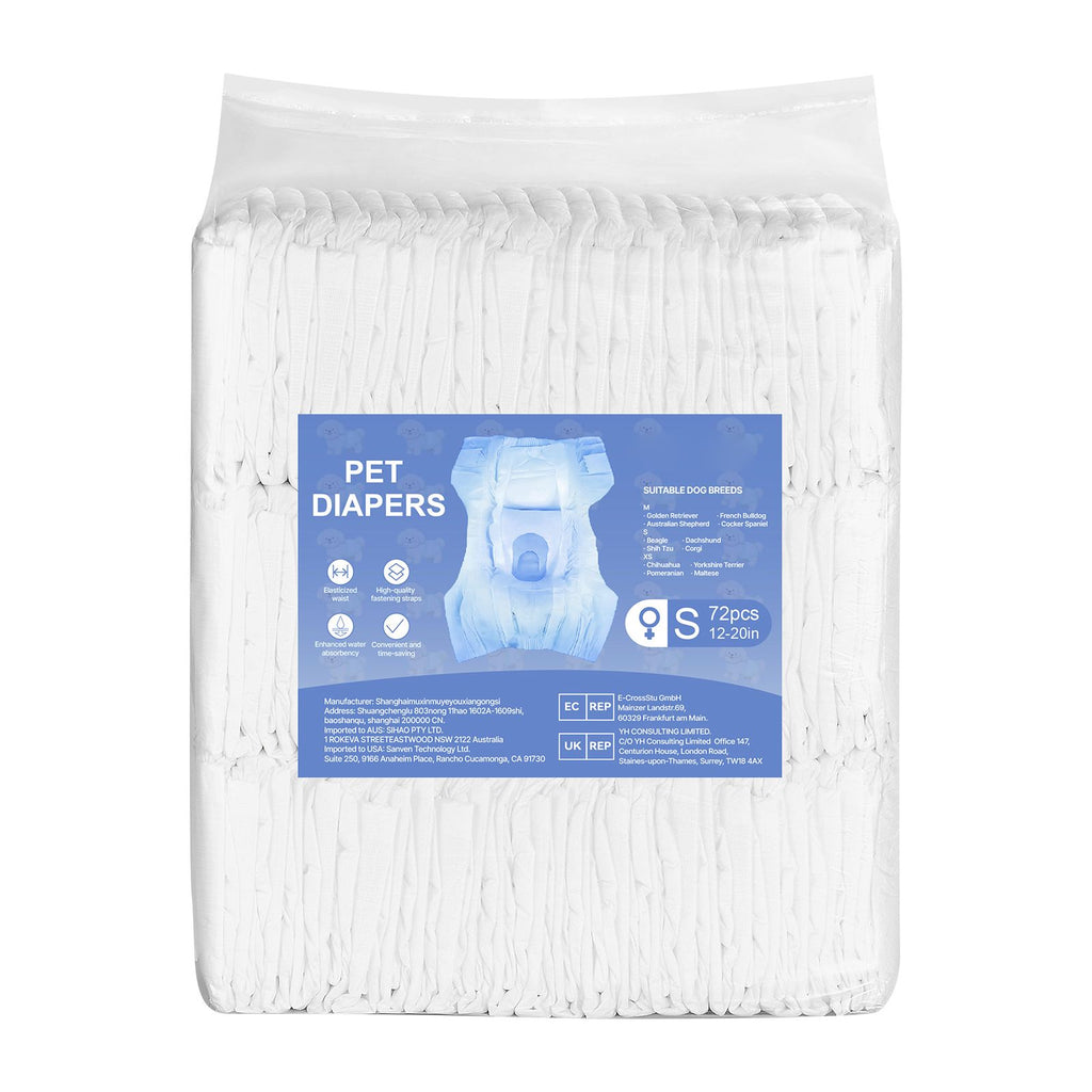 Disposable Dog Diapers, Super Absorbent Female Dog Diapers, 360° Leak-Proof Female Doggy Pet Diaper with Wetness Indicator for Heat Period, Training, Incontinence - S, 144 Count (2 Packs of 72)