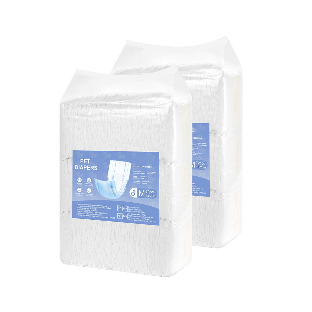 Disposable Male Dog Diapers, Super Absorbent Male Dog Wraps, 360 ° Leak-Proof Belly Bands with Wetness Indicator for Doggies in Heat, Training, Incontinence - M, 144 Count (2 Packs of 72)