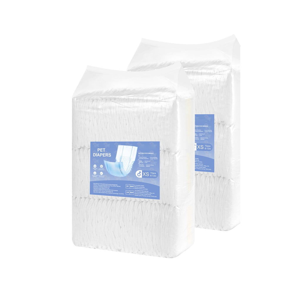 Disposable Male Dog Diapers, Super Absorbent Male Dog Wraps, 360 ° Leak-Proof Belly Bands with Wetness Indicator for Doggies in Heat, Training, Incontinence - XS, 144 Count (2 Packs of 72)