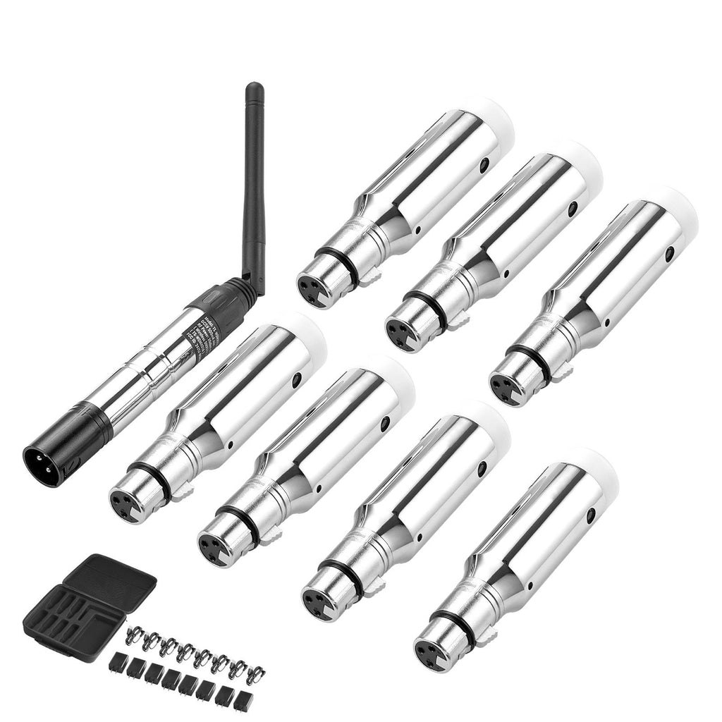 DMX Wireless Receiver, 7 Receivers & 1 Transmitter, 2.4G ISM Band, 656 ft Transmission Range, Rechargeable Battery, Wireless Stage Lighting Control, for LED Stage Party DJ Bar Lighting, Silver