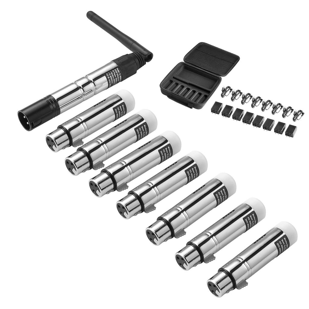 DMX Wireless Receiver, 7 Receivers & 1 Transmitter, 2.4G ISM Band, 656 ft Transmission Range, with Bag and Adapter, Wireless Stage Lighting Control, for LED Stage Party DJ Bar Lighting, Silver