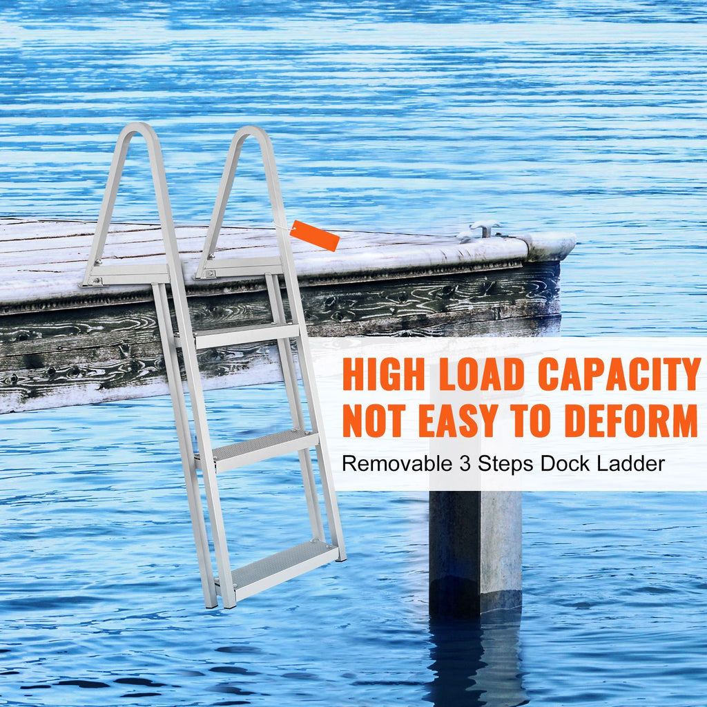 Dock Ladder, Removable 3 Steps, 350 lbs Load Capacity, Aluminum Alloy Pontoon Boat Ladder with 4'' Wide Step & Nonslip Mat, Easy to Install for Ship/Lake/Pool/Marine Boarding