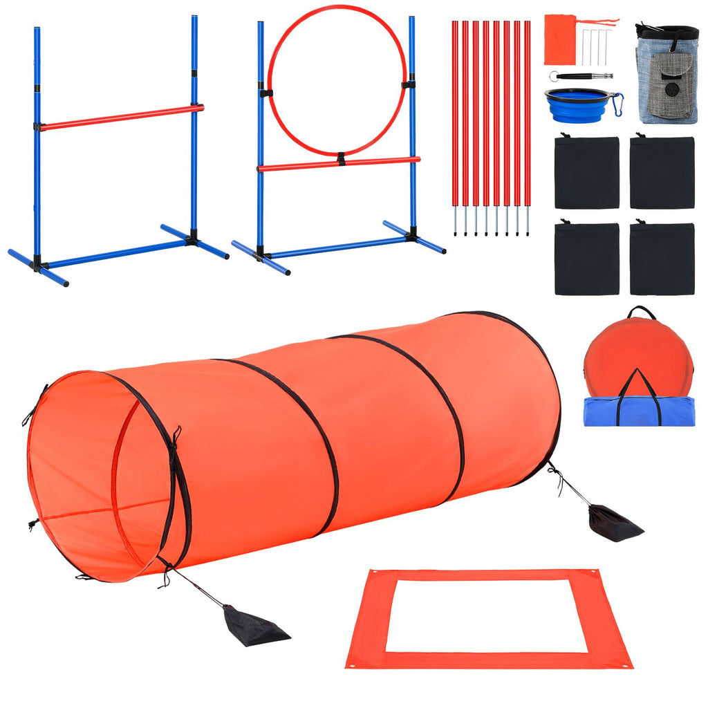 Dog Agility Training Equipment, 5 PCS Combination Set with Adjustable High Hurdles,6 Weave Poles, Tunnel, Jump Ring, Pause Box, Whistle, Foldable Bowl, Puppy Obstacle Course Kit with 2 Bags