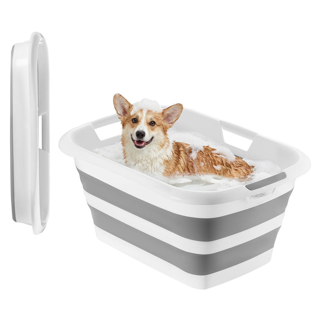 Dog Bathtub, Collapsible Dog Bath Tub, Pet Bathing Grooming Wash Shower Station, Portable Space-saving & Stable Support, Built-In Drainage Hole for Small Pet Puppy Doggie Cat Outdoor, Gray White