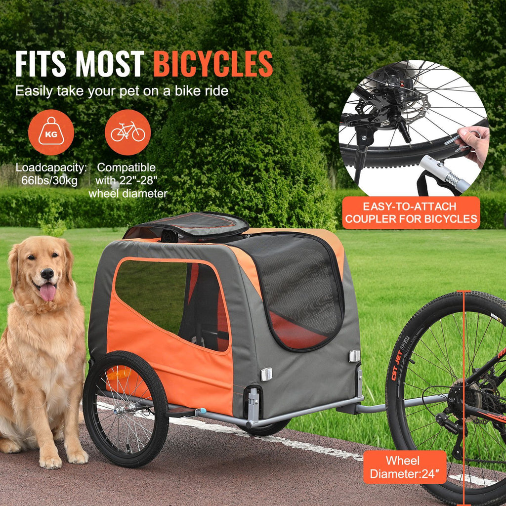 Dog Bike Trailer, Supports up to 66 lbs, Pet Cart Bicycle Carrier, Easy Folding Frame with Quick Release Wheels, Universal Bicycle Coupler, Reflectors, Flag, Collapsible to Store, Orange/Gray image 2