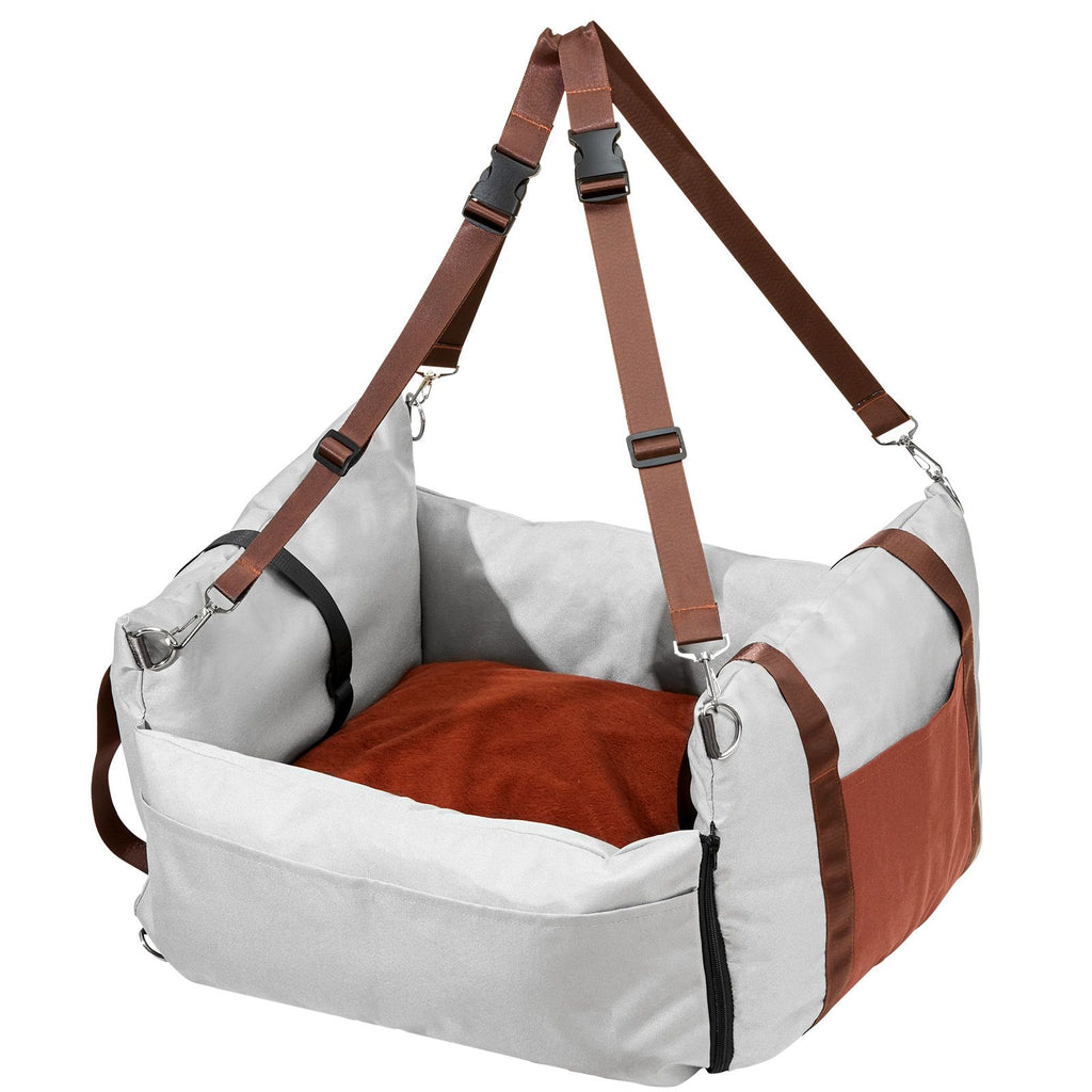 Dog Car Seat, Waterproof Dog Booster Seat for Car with Side Handles and A Storage Pocket, Clip-On Safety Leash and PP Cotton Filling, Dog Car Bed for Small Dog up to 25lbs, Gray