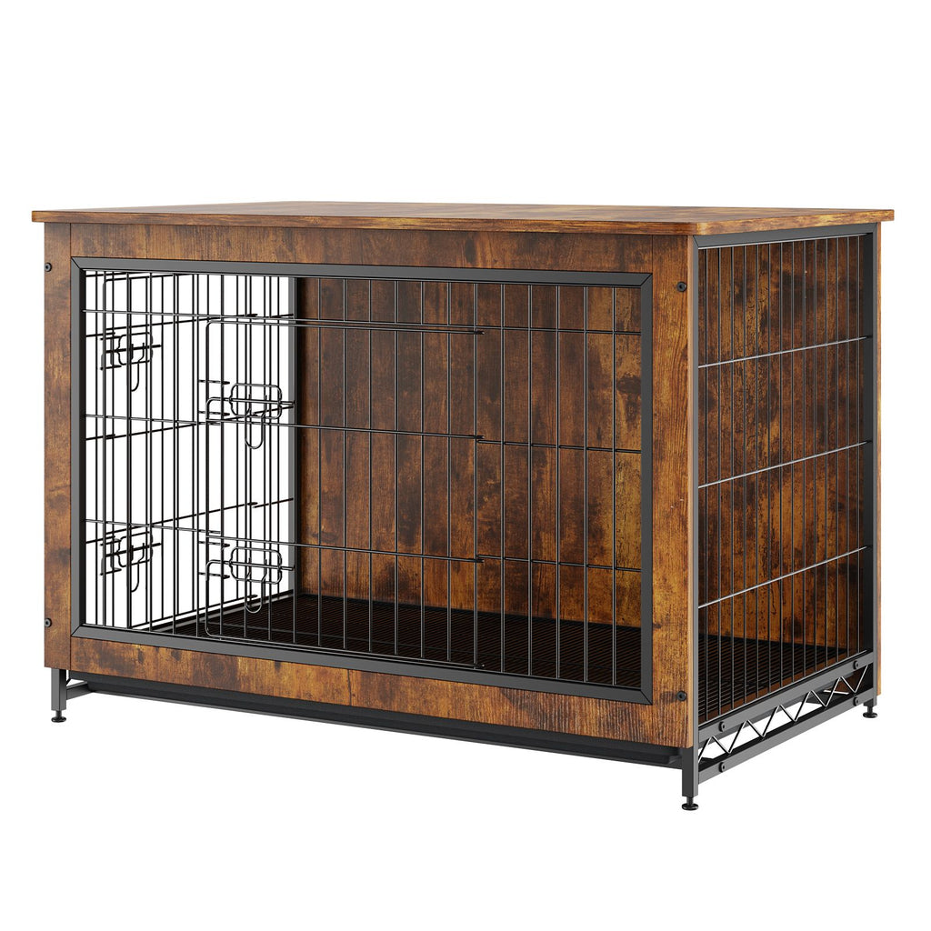 Dog Crate Furniture, 38 inch Wooden Dog Crate with Double Doors, Heavy-Duty Dog Cage End Table with Multi-Purpose Removable Tray, Modern Dog Kennel Indoor for Dogs up to 70lb, Rustic Brown