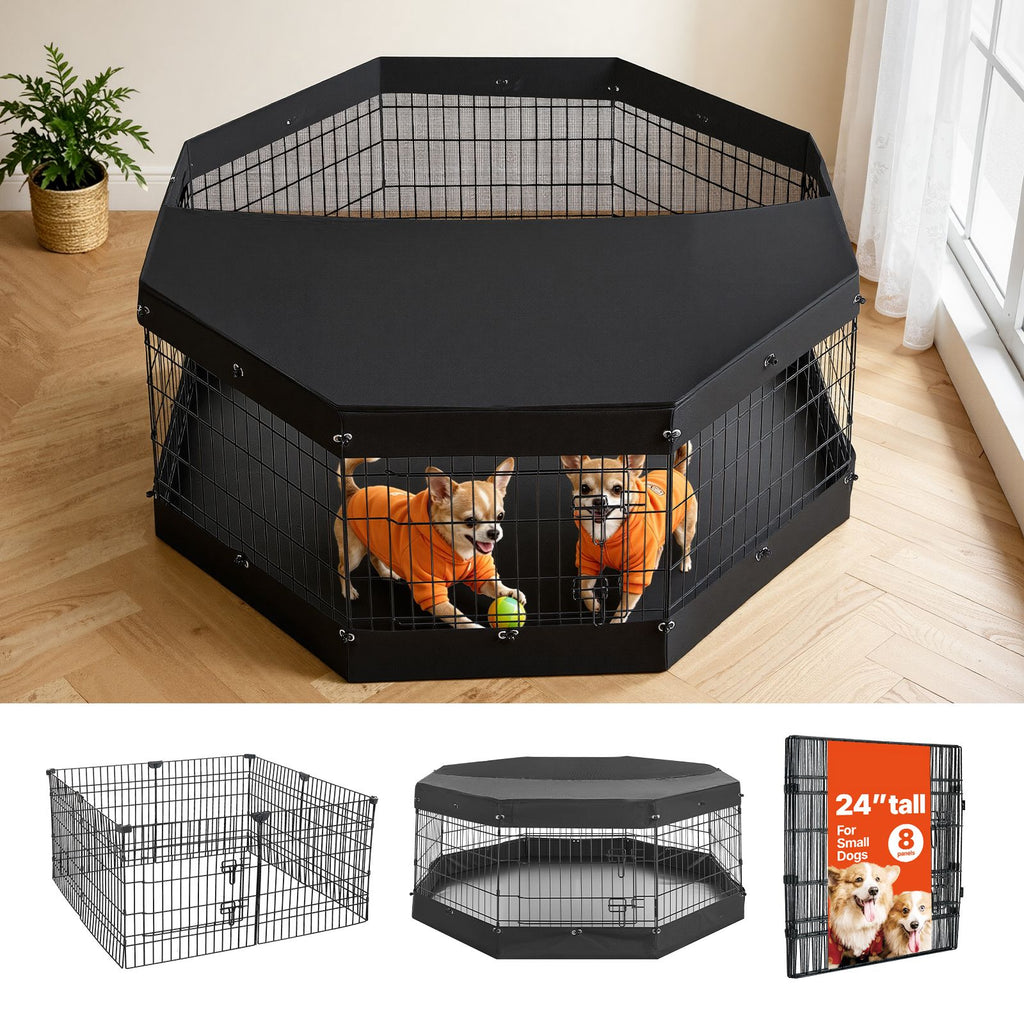 Dog Playpen 24 Inch 8 Panels Exercise Pen with Top Cover & Bottom Pad, Indoor Foldable Metal Pet Fence with Door, Heavy Duty Puppy Crate Kennel Pen for Dogs, Cats, and Other Small Animals, Black