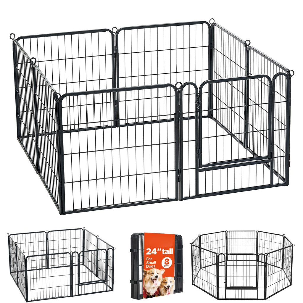 Dog Playpen 24 Inch 8 Panels Foldable Metal Exercise Pen Pet Fence, Indoor/Outdoor Heavy Duty Puppy Crate Kennel with Door for Dogs, Cats or Small Animals, Portable for RV Camping, Yard, Black