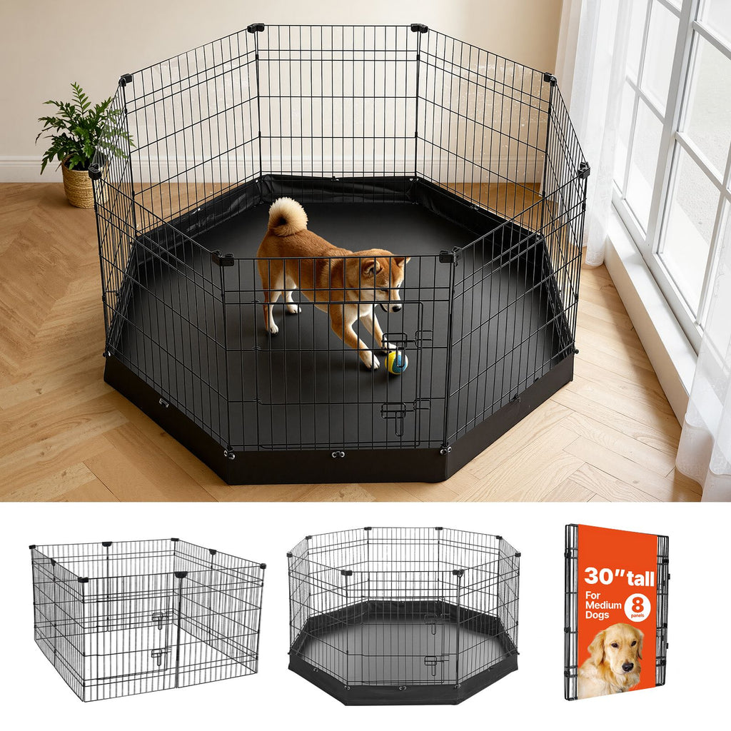 Dog Playpen 30 Inch 8 Panels Foldable Exercise Pen with Bottom Pad, Indoor Metal Pet Fence with Door, Heavy Duty Puppy Crate Kennel, Pet Playpen for Dogs, Cats, and Other Small Animals, Black
