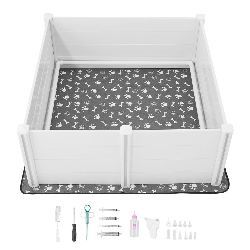 Dogs Whelping Box, 60 x 60 x 24 inch, Plastic PVC Puppies Playpen with Height Adjustable Door and Washable Pee Pad, Anti-Deformation Indoor Puppy Play Pen for Extra Large Breed Dogs, Milk White