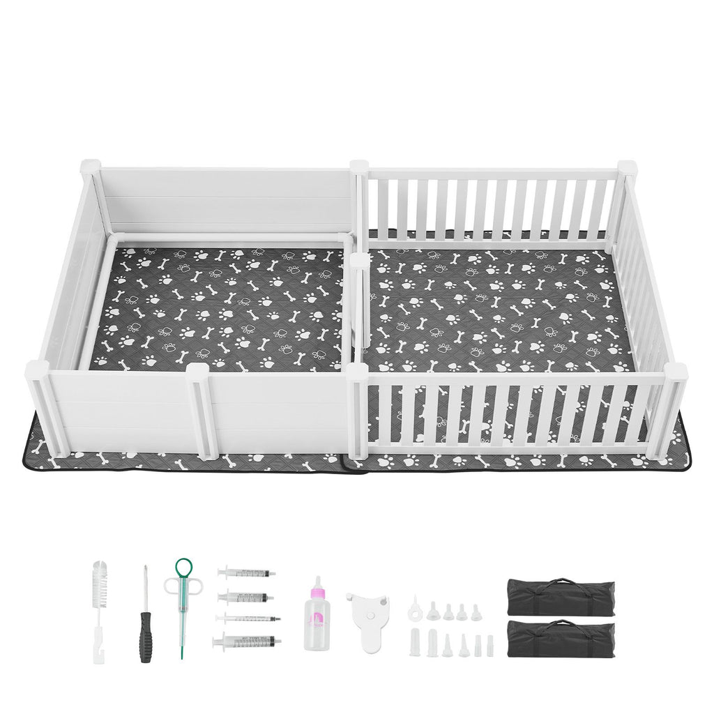 Dogs Whelping Box, 93.3x48.4x18.1 inch, Plastic PVC Puppies Playpen with Height Adjustable Door and Washable Pee Pad, 2-Room Layout Indoor Puppy Play Pen for Extra Large Breed Dogs, Milk White