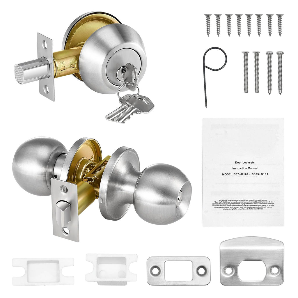 Door Knob and Deadbolt Set, Satin Nickel Entry Door Knob and Single Cylinder Deadbolt Combo Pack, Fit for 1-3/8" to 1-3/4" Door Thickness, Door Lockset with Deadbolt for Entrance and Front Door