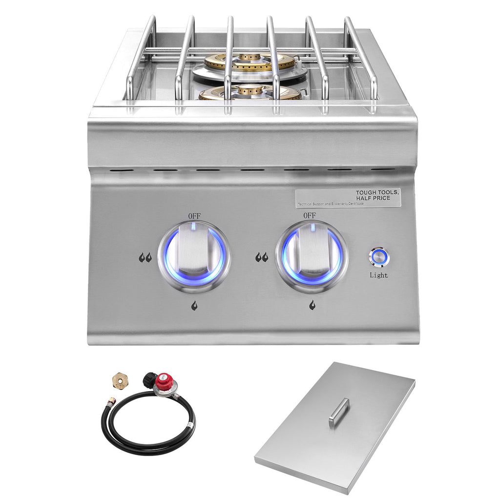 Double Grilling Side Burners, 2 x 17,000BTU Liquid Propane Side Burner for Outdoor Kitchen, Convertible to Natural Gas, 304 Stainless Steel Built-in Double Burners with LED for BBQ Grill Island