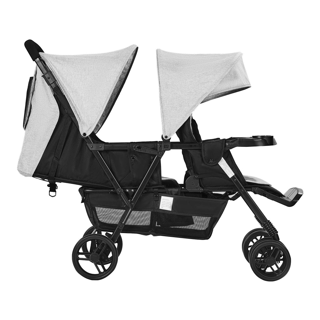 Double Stroller, Foldable Lightweight Twin Stroller with Tandem Seating, Adjustable Backrest/Footrest, Wrap-Around Safety Harness,Storage Basket & Tray,for Newborn & Toddler (Light Gray,Black)