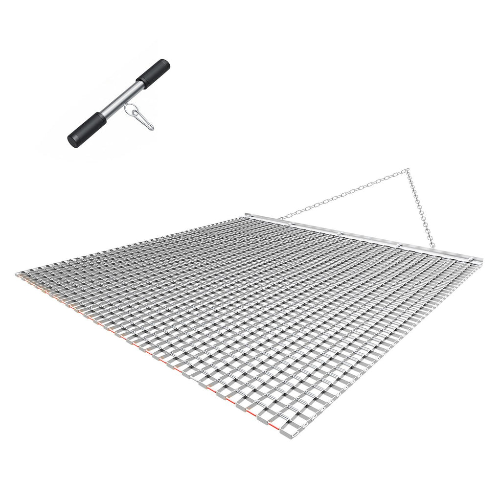 Drag Harrow, 4 x 4 ft, High-Efficiency Chain Harrow Rake, ATVs UTVs Tractors Attachments, Durable Galvanized Steel Mesh Drag Mat with Towing Chain, for Gravel Driveway Ruts Farm Field Leveling