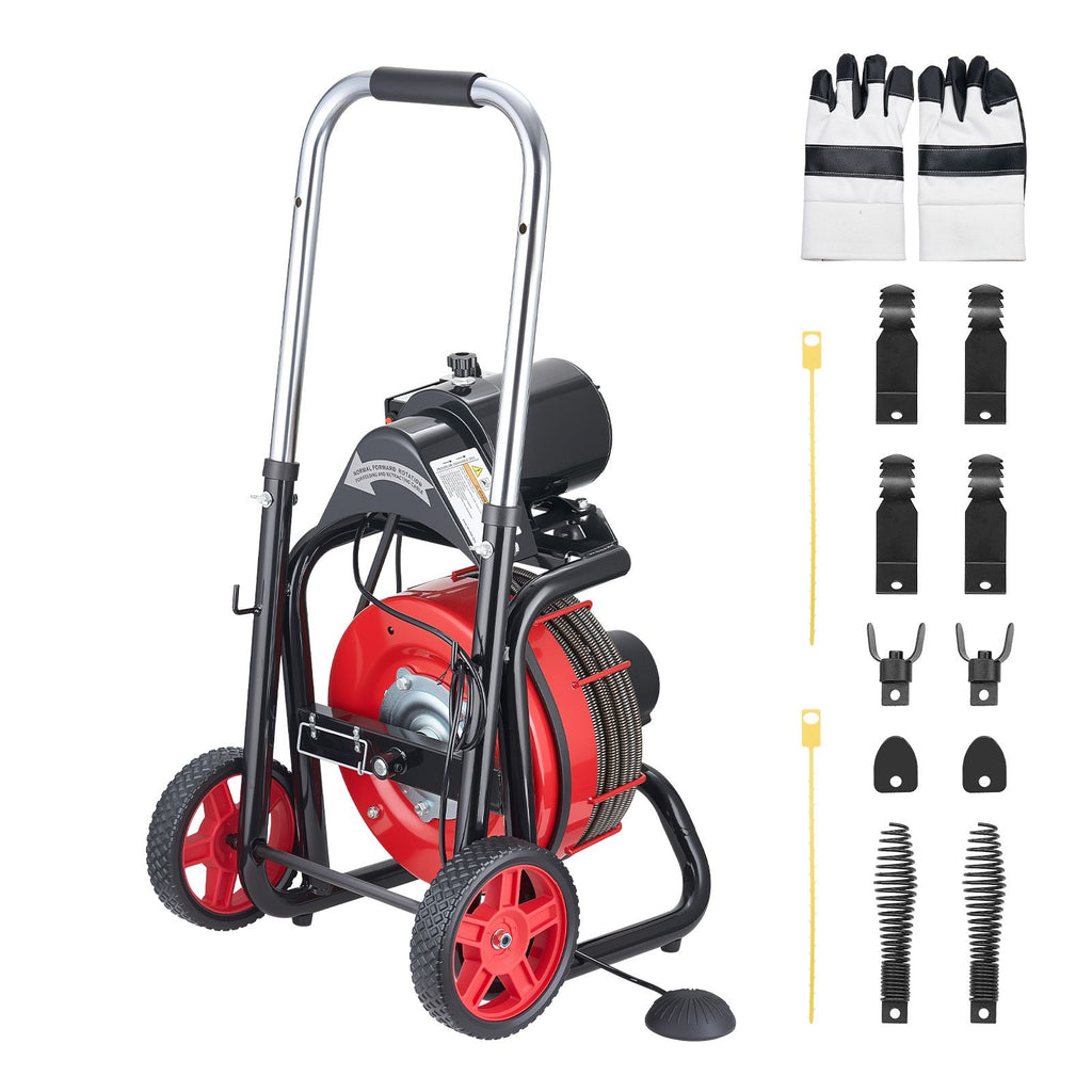 Drain Cleaner Machine 100 FT x 1/2 Inch, Auto Feed Sewer Snake Auger on Wheels - with 8 Cutters & Air-Activated Foot Switch for 2" to 6" Pipes