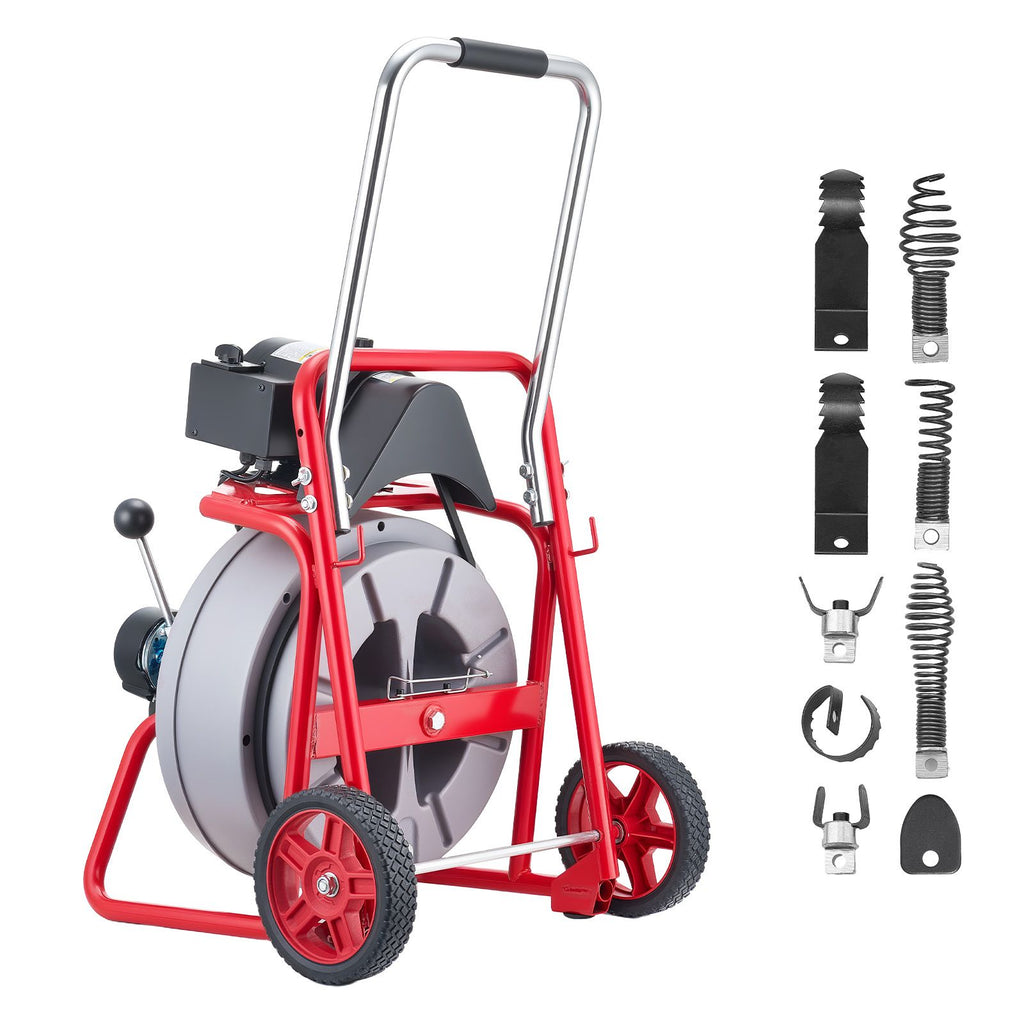 Drain Cleaner Machine 100 FT x 1/2 Inch, Auto Feed Sewer Snake Drain Auger on Wheels, Portable Drain Cleaning Machine with 8 Cutters & Air-Activated Foot Switch for 2" to 6" Pipes