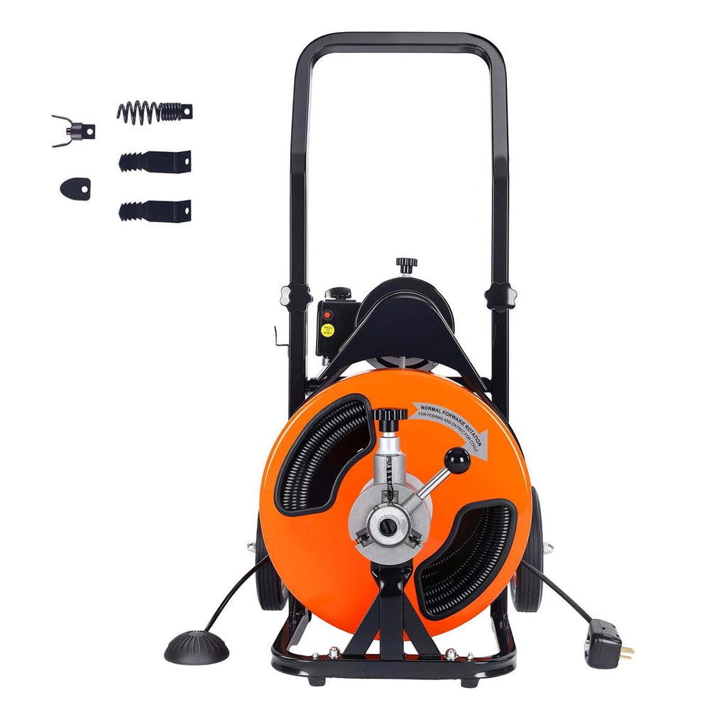 Drain Cleaner Machine 100 FT x 1/2 Inch, Sewer Auger Auto Feed with 4 Cutter & Air-activated Foot Switch for 1" to 4" Pipes, Orange, Black