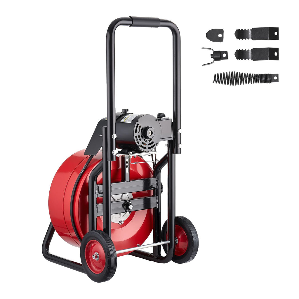 Drain Cleaner Machine 100 FT x 3/4 Inch, Auto Feed Sewer Snake Auger on Wheels, Portable Drain Cleaning Machine with 4 Cutters & Air-activated Foot Switch for 4" to 8" Pipes