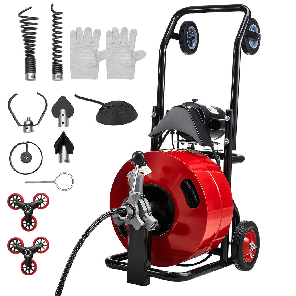 Drain Cleaner Machine 100 FT x 3/4 Inch, Auto Feed Sewer Snake Auger, Portable Drain Cleaning Machine with Multi-Wheel Combination, 6 Cutters & Air-Activated Foot Switch for 4" to 8" Pipes