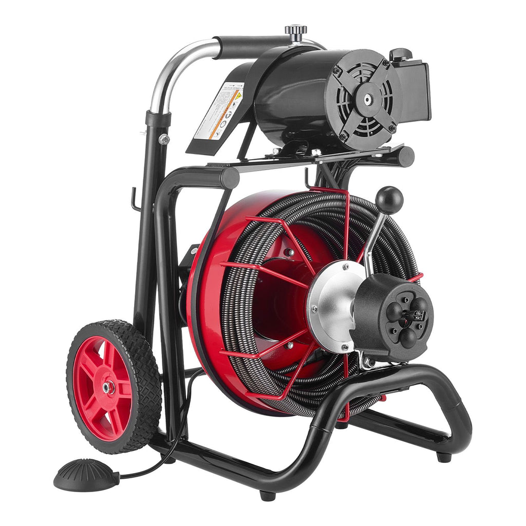 Drain Cleaner Machine 100 FT x 3/8 Inch, Auto Feed Sewer Snake Auger on Wheels - with 8 Cutters & Air-Activated Foot Switch for 2" to 4" Pipes
