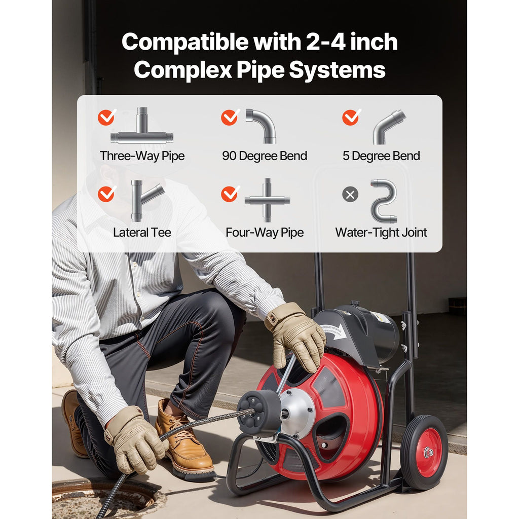 Drain Cleaner Machine 100 FT x 3/8 Inch, Auto Feed Sewer Snake Auger on Wheels, Portable Drain Cleaning Machine with 4 Cutters & Air-activated Foot Switch for 2" to 4" Pipes
