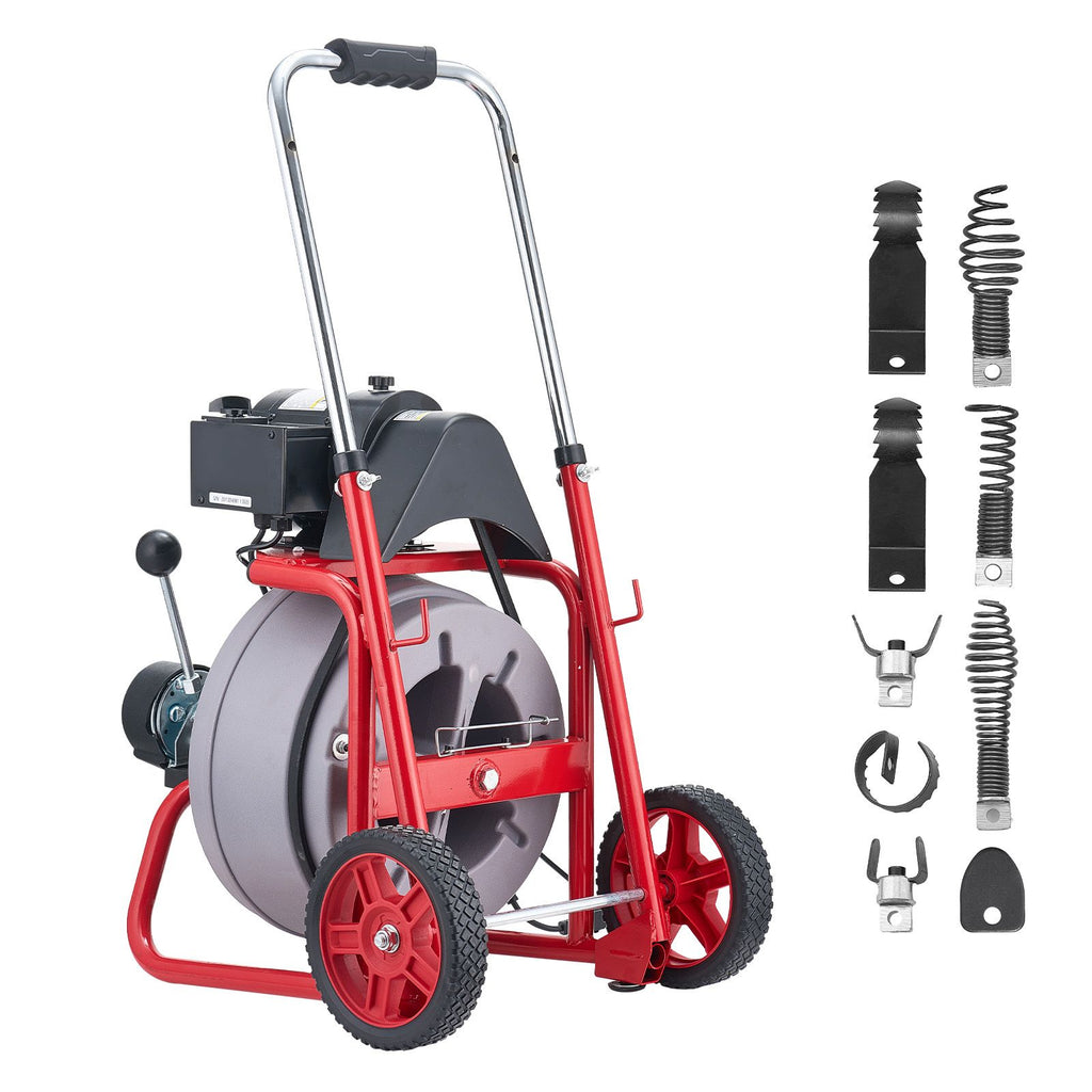 Drain Cleaner Machine 100 FT x 3/8 Inch, Auto Feed Sewer Snake Drain Auger on Wheels, Portable Drain Cleaning Machine with 8 Cutters & Air-Activated Foot Switch for 2" to 4" Pipes