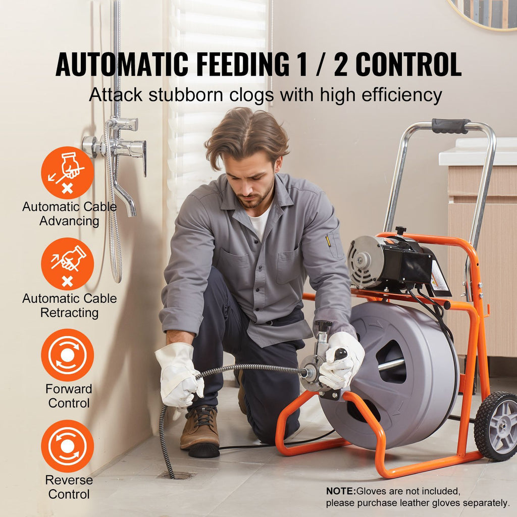 Drain Cleaner Machine 100FT x 1/2 Inch, Auto Feed Sewer Snake Drain Auger on Wheels, Portable Drain Cleaning Machine with 8 Cutters & Air-activated Foot Switch for 2" to 4" Pipes