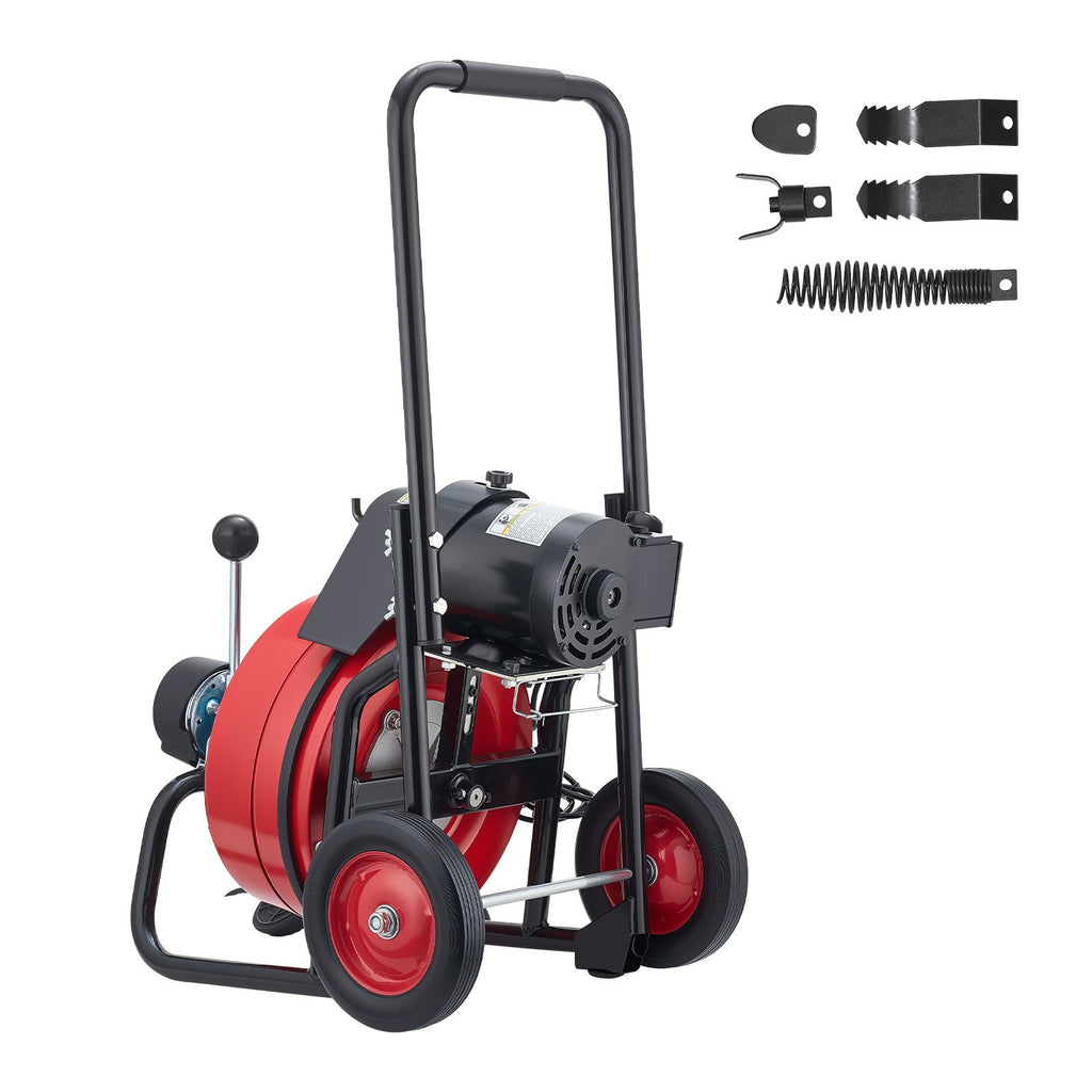 Drain Cleaner Machine 50 FT x 1/2 Inch, Auto Feed Sewer Snake Auger on Wheels, Portable Drain Cleaning Machine with 4 Cutters & Air-activated Foot Switch for 2" to 6" Pipes