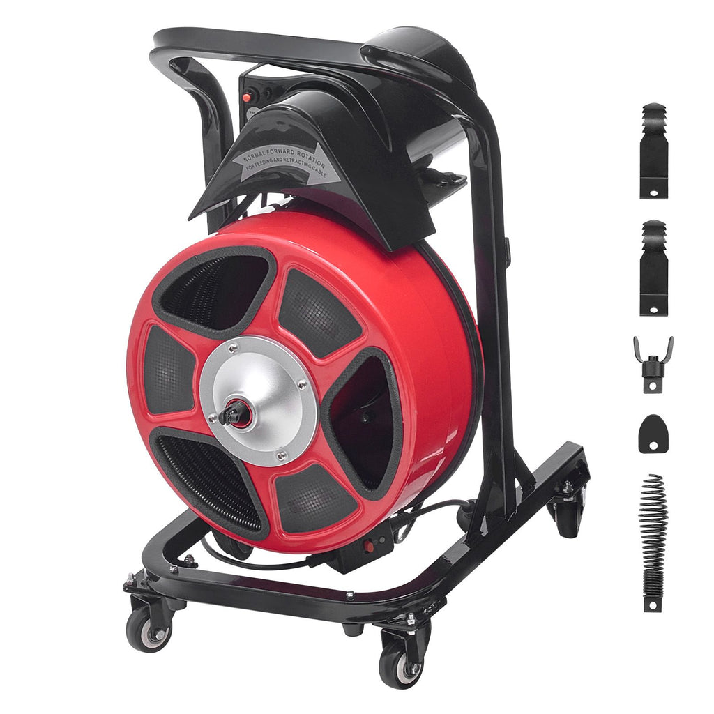 Drain Cleaner Machine 50 FT x 1/2 Inch, Manual Feed Sewer Snake Auger on Wheels - with 4 Cutters & Air-activated Foot Switch for 2" to 6" Pipes