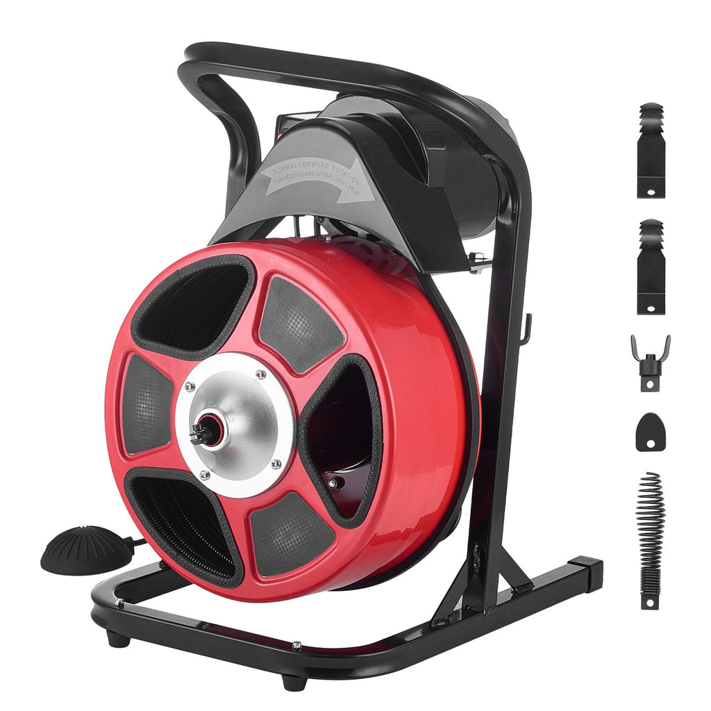 Drain Cleaner Machine 50 FT x 1/2 Inch, Manual Feed Sewer Snake Auger with 4 Cutters & Air-Activated Foot Switch for 2" to 6" Pipes