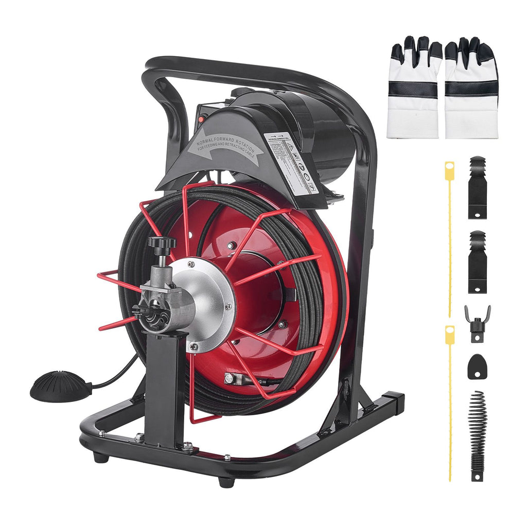 Drain Cleaner Machine 50 FT x 5/16 Inch, Auto Feed Sewer Snake Auger with 4 Cutters & Air-Activated Foot Switch for 2" to 4" Pipes