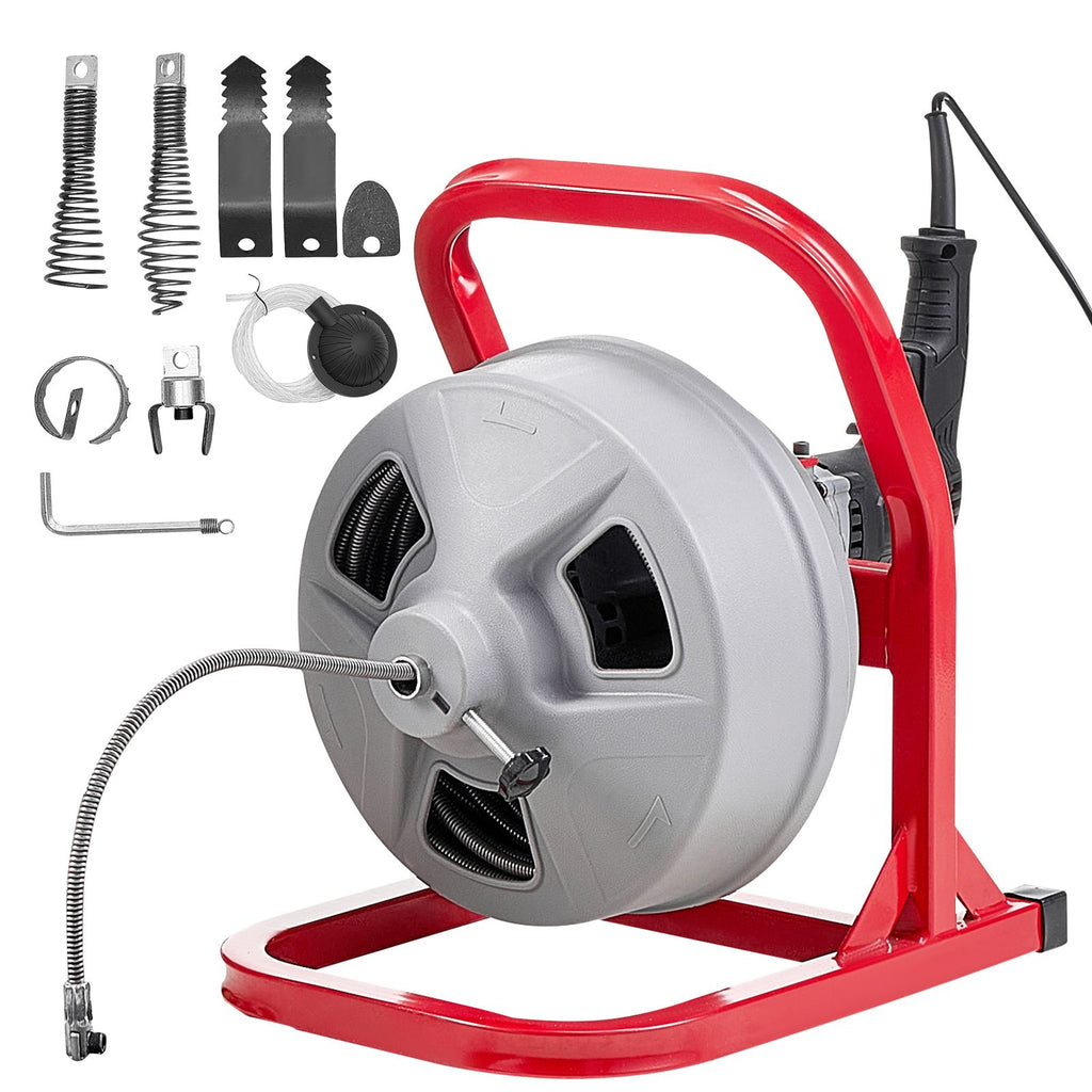 Drain Cleaner Machine 50 FT x 5/16 Inch, Sewer Snake Auger with 228RPM Electric Drill, Manual Feed Drain Cleaning Machine with 6 Cutters & Air-activated Foot Switch for 2" to 4" Pipes
