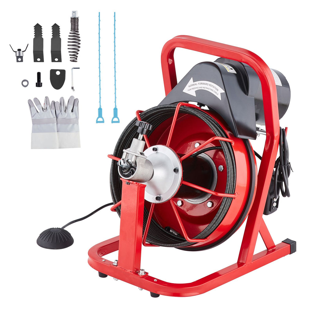 Drain Cleaner Machine 50FT x 3/10 Inch, Auto Feed Sewer Snake Auger, Electric Drain Cleaning Machine with 4 Cutters & Air-activated Foot Switch for 2" to 4" Pipes