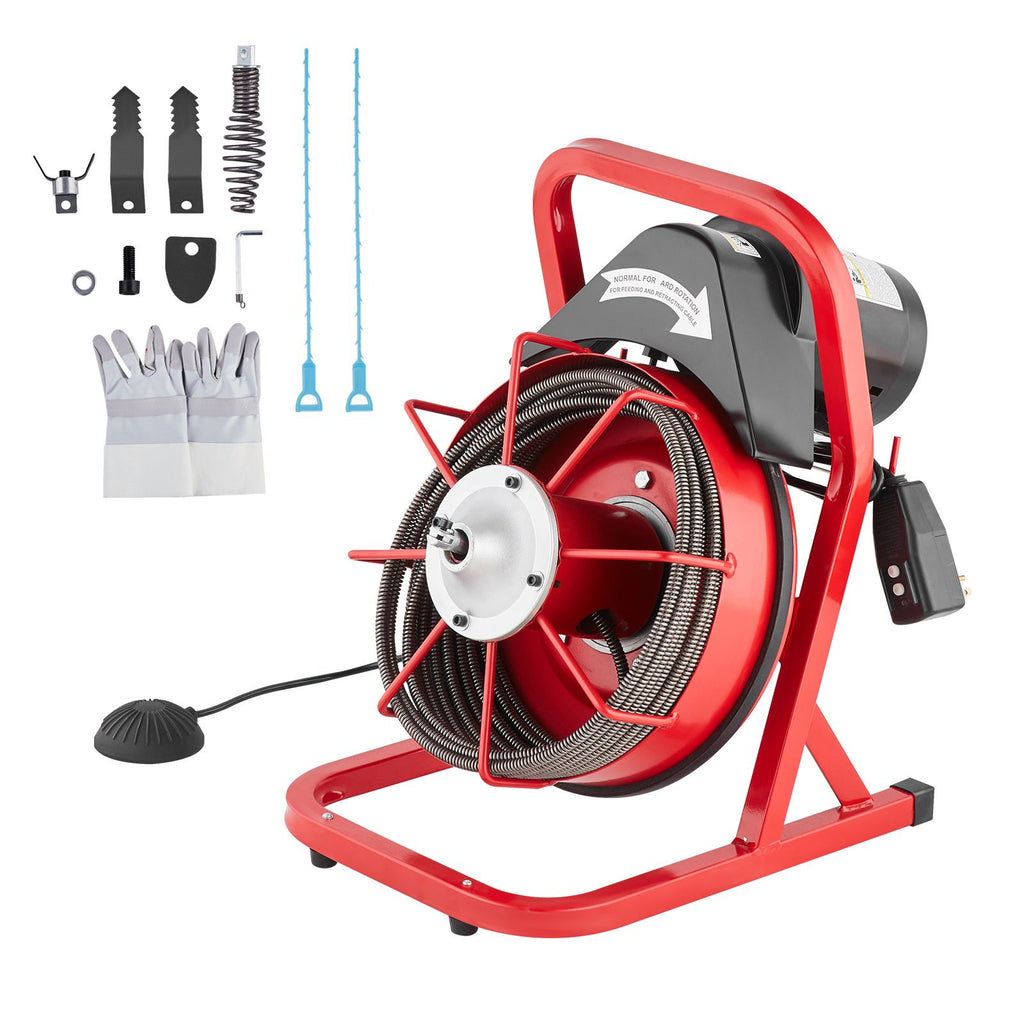 Drain Cleaner Machine 50FT x 3/8 Inch, Sewer Snake Auger Manual Feed, 250W Electric Drain Cleaning Machine with 4 Cutters & Air-activated Foot Switch for 2" to 4" Pipes
