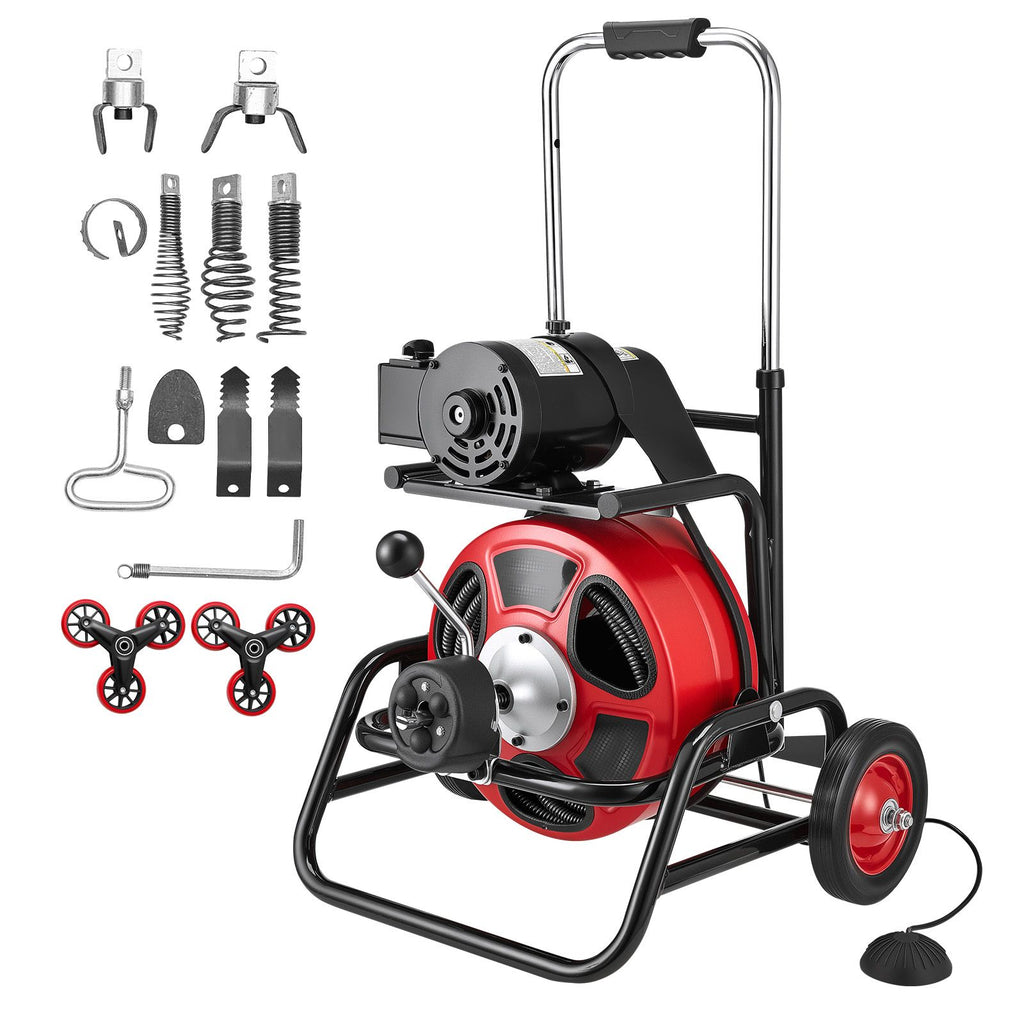 Drain Cleaner Machine 75 FT x 1/2 Inch, Auto Feed Sewer Snake Auger, Portable Drain Cleaning Machine with Climbing Wheels, Adjustable Drum, 8 Cutters & Foot Switch for 2" to 6" Pipes