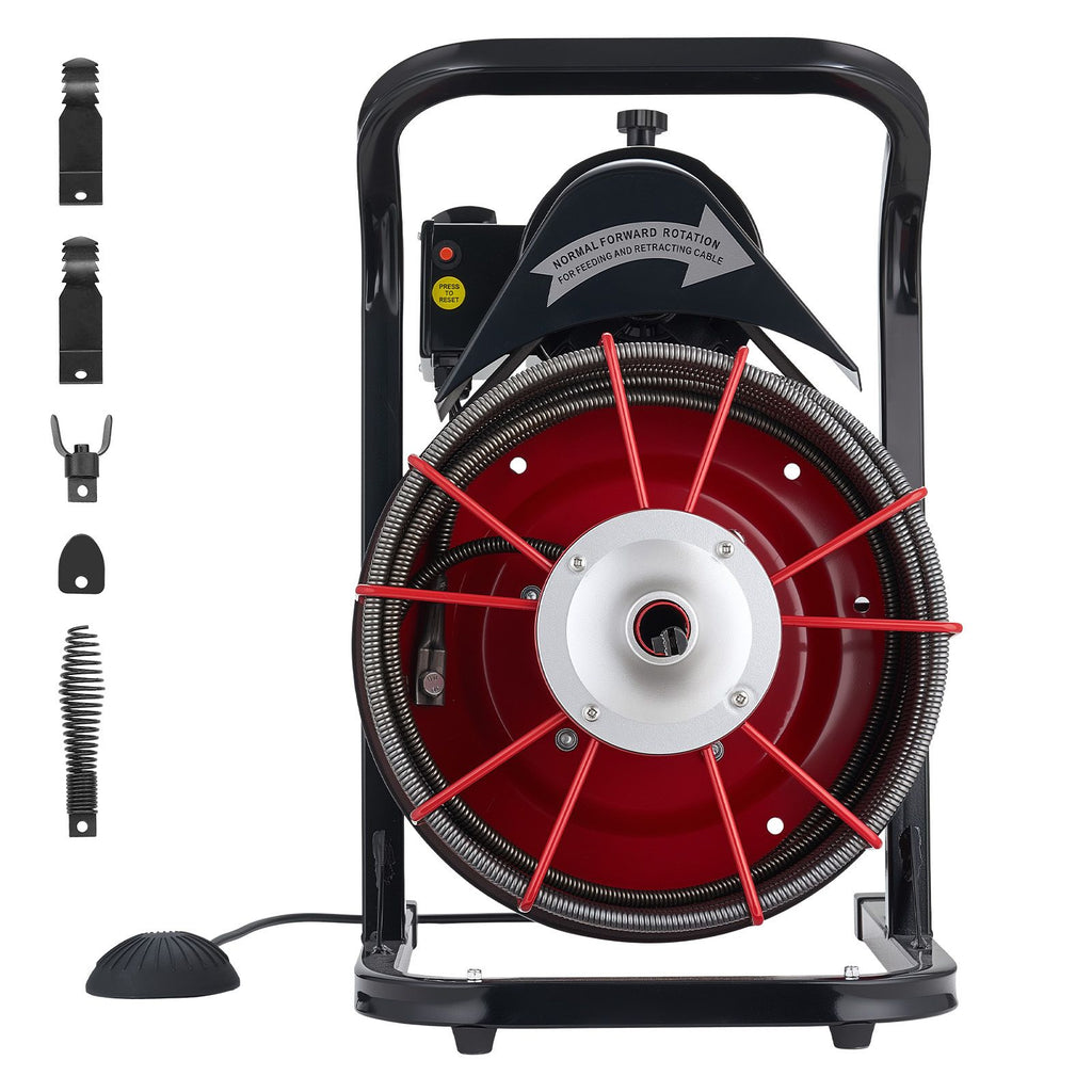 Drain Cleaner Machine 75 FT x 1/2 Inch, Sewer Snake Auger Manual Feed with 4 Cutters & Air-activated Foot Switch for 2" to 6" Pipes